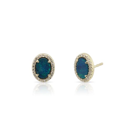 This pair of Australian opal and diamond earrings by Rafael is crafted from 14k yellow gold and features 1.25 total carats of opals and 0.12 total carats of diamonds.