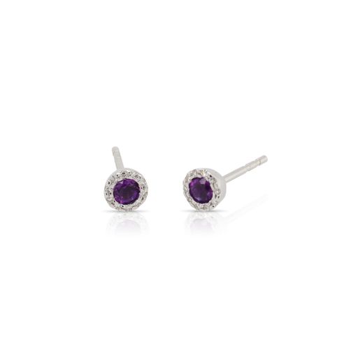 This pair of amethyst and diamond earrings by Rafael is crafted from 14k white gold and features 0.21 total carats of round amethysts and 0.07 total carats of diamonds around the halo.