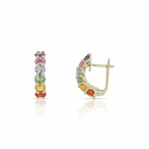 This pair of multicolored earrings by Rafael is crafted from 14k yellow gold and features 2.81 total carats of multicolored sapphires.