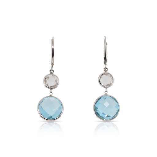 This pair of white and blue topaz earrings by Rafael is crafted from 14k white gold and features a round white and a round blue topaz in each earring.