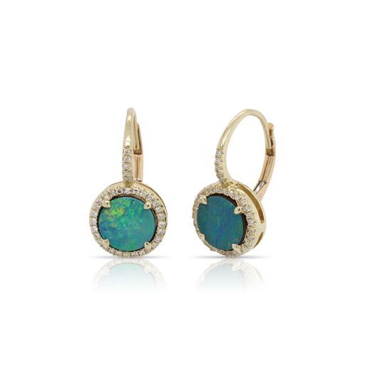 This pair of Australian opal and diamond earrings by Rafael is crafted from 14k yellow gold and features 1.75 total carats of opal and 0.16 total carats of diamonds.