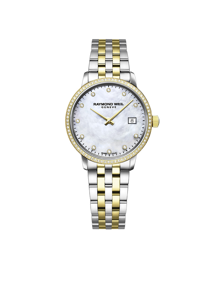 This Raymond Weil Toccata watch features diamond markers and bezel, a mother-of-pearl dial, and a quartz movement. The two-tone bracelet and 29mm case are crafted from stainless steel and yellow gold PVD.