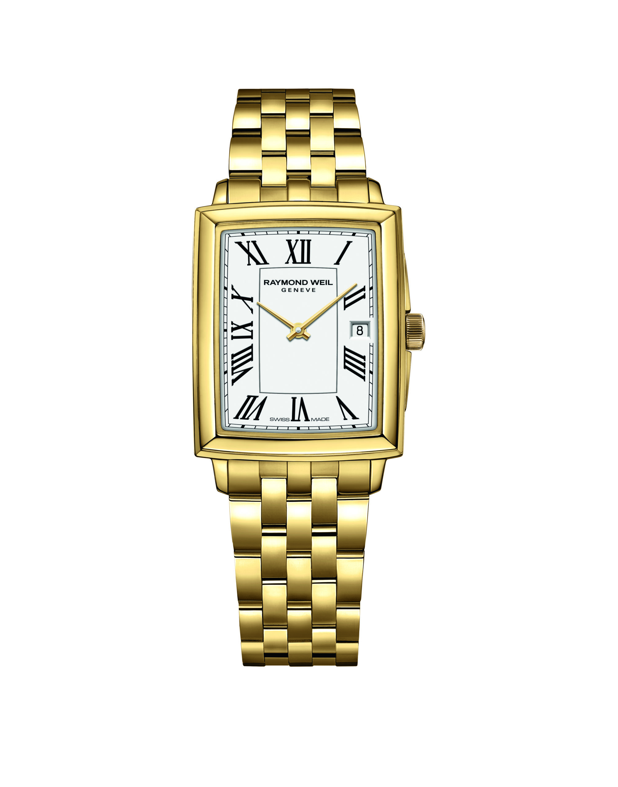 This Raymond Weil Toccata watch features Roman numeral markers, a white dial, and a quartz movement. The bracelet and 25mm X 35mm case are crafted from stainless steel and yellow gold PVD.
