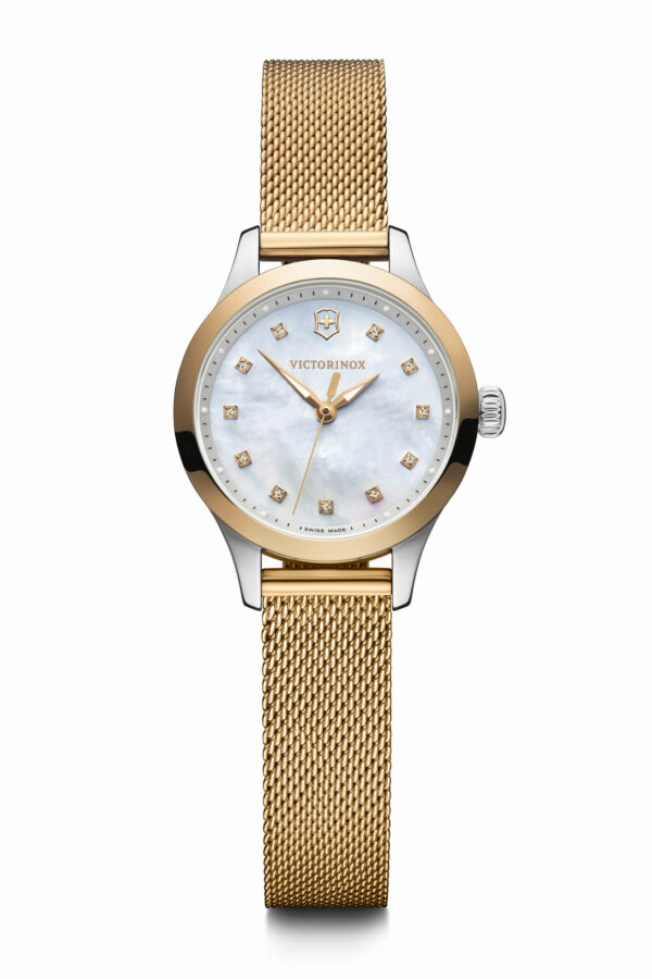 This Alliance Extra Small watch from Victorinox Swiss Army features a 28mm stainless steel case, stainless steel bracelet, and a quartz movement. The mother-of-pearl dial sparkles with eleven Swarovski crystals.