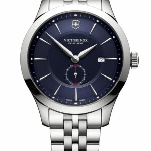 This Alliance watch from Victorinox Swiss Army features a 44mm stainless steel case, stainless steel bracelet, a blue dial, and a quartz movement.