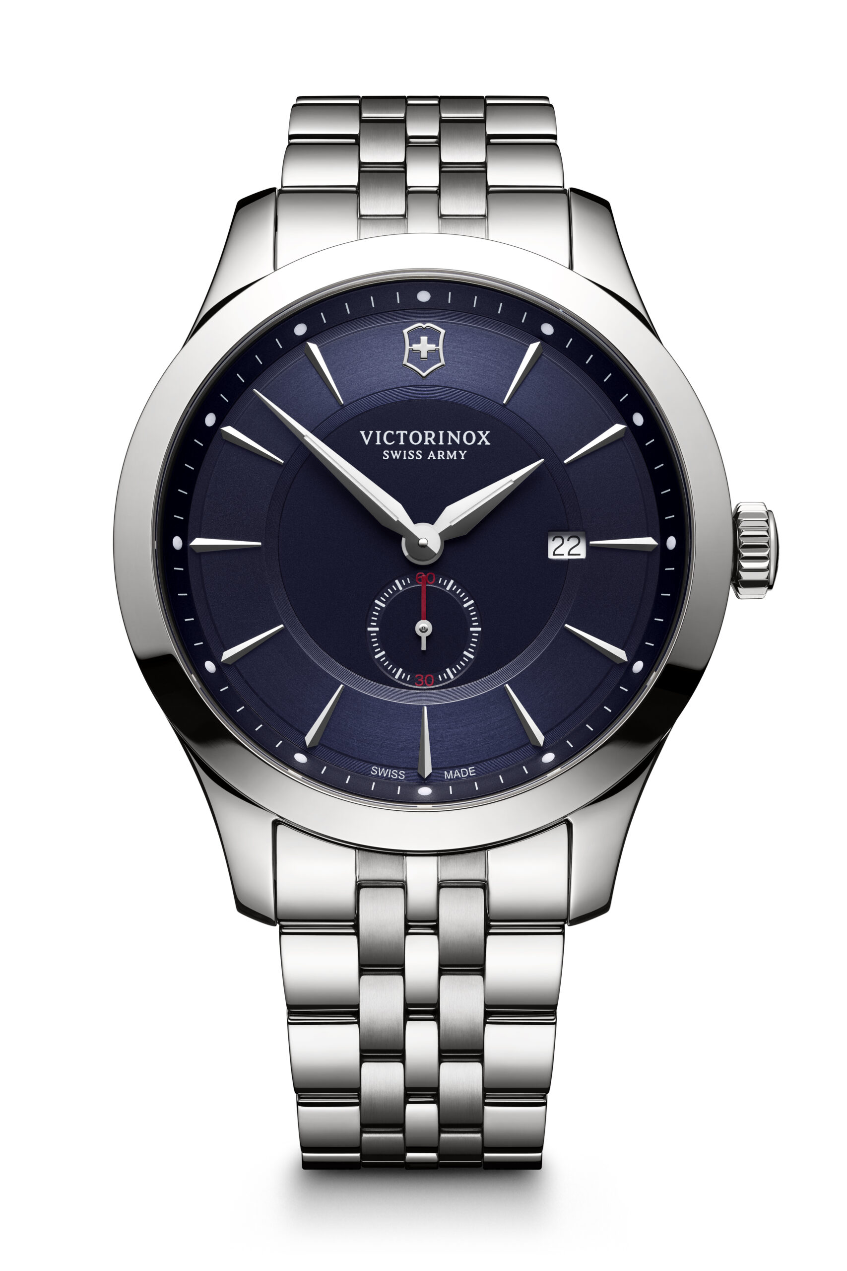 This Alliance watch from Victorinox Swiss Army features a 44mm stainless steel case, stainless steel bracelet, a blue dial, and a quartz movement.