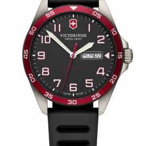 This FieldForce Sport Titanium watch from Victorinox Swiss Army features a 42mm titanium case, black rubber strap, black dial, and a quartz movement.