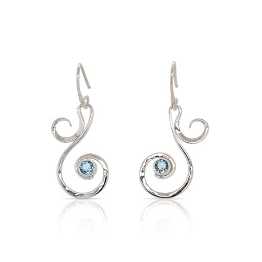 This pair of blue topaz Fiddlehead earrings by Ed Levin is crafted from sterling silver and features two round blue topaz.