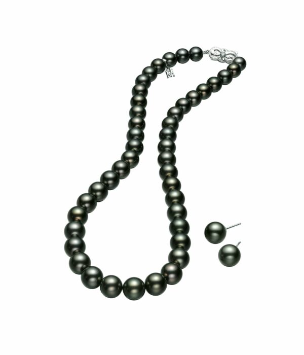 This perfectly paired black pearl necklace and earring set from Mikimoto is crafted from 18k white gold. This set features a 16" black pearl necklace with a 0.04 carat diamond and 9mm stud earrings.