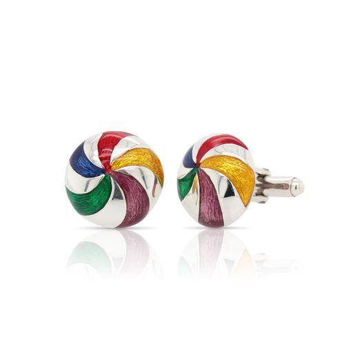 This pair of cufflinks is crafted from sterling silver and features red, blue, green, pink, and yellow enamel in a swirl pattern.