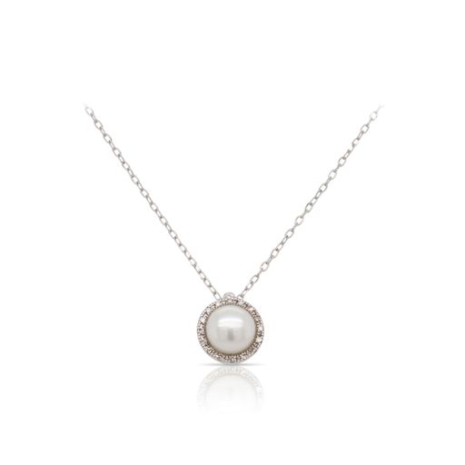 This pearl and diamond pendant by Rafael is crafted from 14k white gold and features one white pearl and 0.05 total carats of diamonds around the halo.