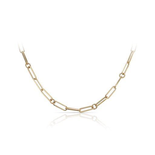 This paperclip chain by Roberto Coin is crafted from 18k yellow gold and features elongated links and is 16 inches long.