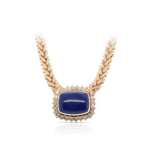 This lapis lazuli and moonstone diamond necklace is crafted from 14k yellow gold and features interchangeable 13.34 carat lapis and 9.53 carat moonstone in a diamond halo.