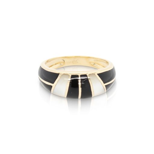 This ring by Asch Grossbradt is crafted from 14k yellow gold and features mother of pearl and black onyx.