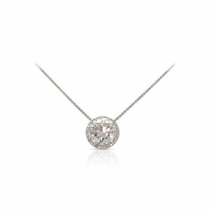 This diamond pendant by R.F. Moeller Designs is crafted from 14k white gold and features a 4.38 carat round diamond and 0.15 total carats of diamonds around the halo.