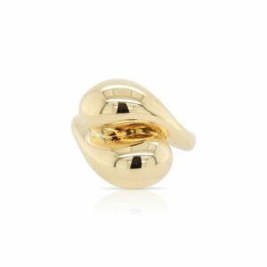 This double dome ring is crafted from 14k yellow gold and features a bypass double dome design.