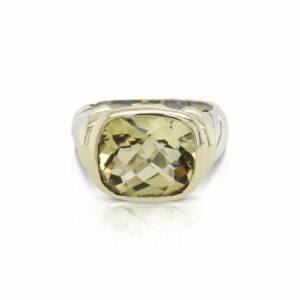This noblesse ring by David Yurman is crafted from sterling silver and 14k yellow gold and features a cushion shaped citrine.