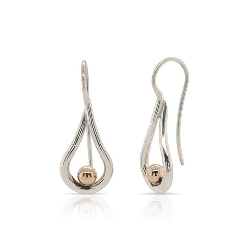 This pair of Mana earrings by Ed Levin is crafted from sterling silver and features an illusion of the gold ball balancing in the center.