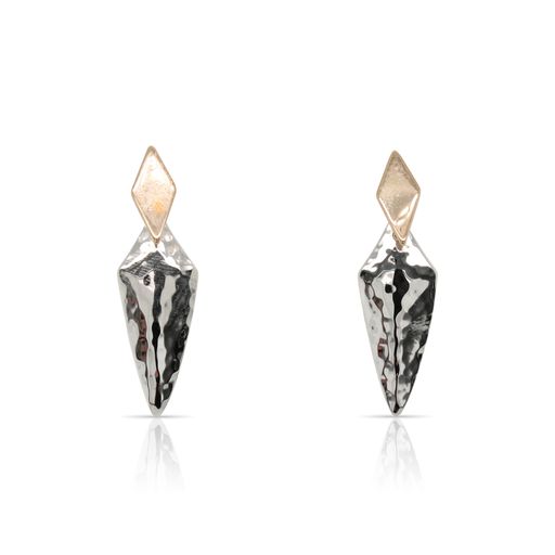 This pair of Legend earrings by Ed Levin is crafted from sterling silver and 14k yellow gold and features a yellow gold top with a hammered sterling silver bottom.