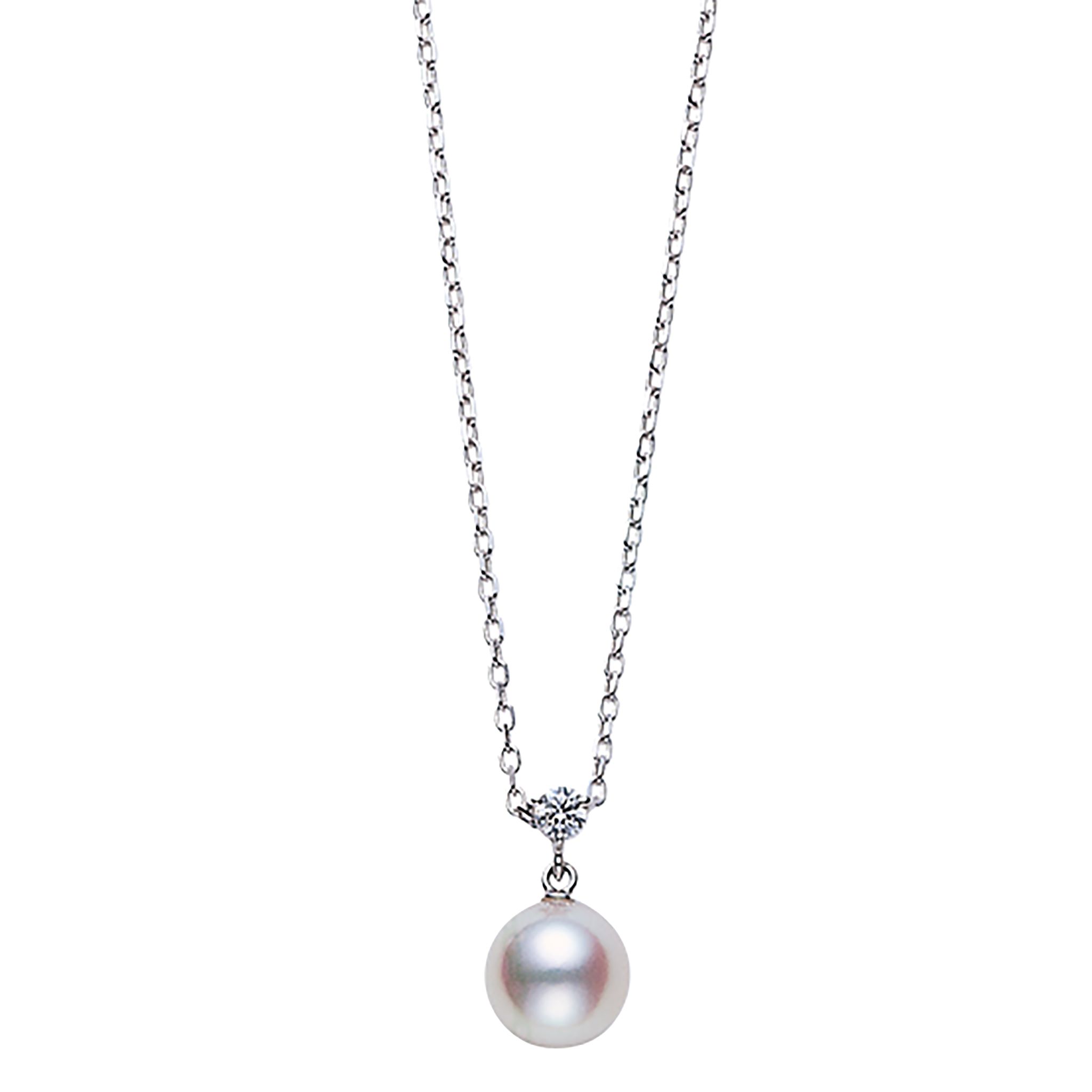This pearl and diamond necklace by Mikimoto is crafted from 18k white gold and features an 8.25mm Akoya pearl and 0.08 total carats of diamonds.