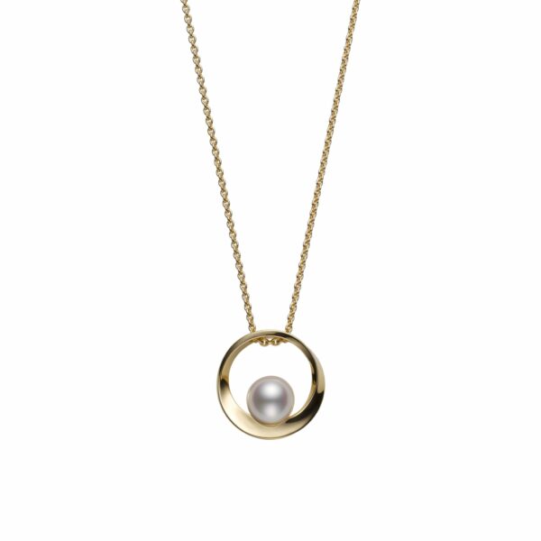 This pearl teardrop cradle necklace by Mikimoto is crafted from 18k yellow gold and features a 6.5mm Akoya pearl.