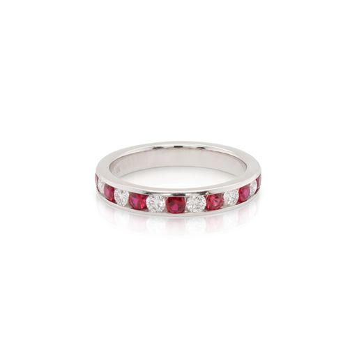 This ring is crafted from 18k white gold and features 0.48 total carats of rubies and 0.33 total carats of diamonds.