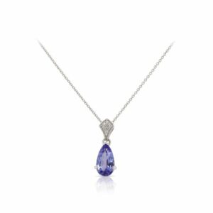 This tanzanite and diamond necklace R.F. Moeller Designs is crafted from 14k white gold and features a 2.40 carat pear shaped tanzanite and 0.05 total carats of diamonds.