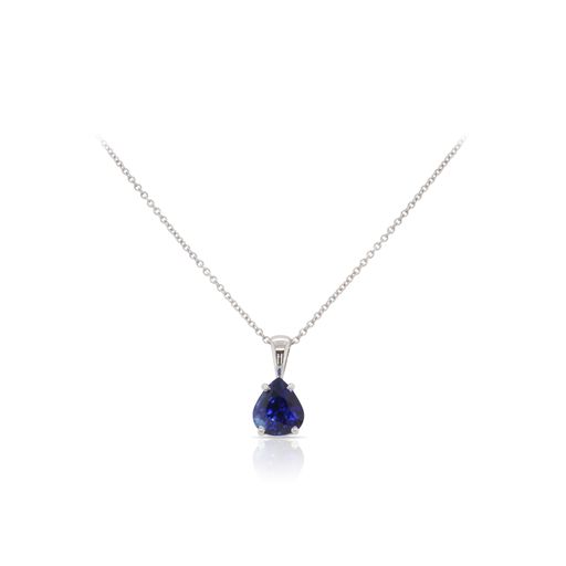 This sapphire necklace by R.F. Moeller Designs is crafted from 14k white gold and features a 2.35 carat pear shaped sapphire.