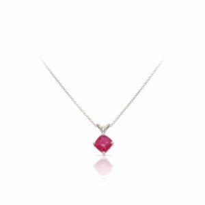 This ruby necklace by R.F. Moeller Designs is crafted from 14k white gold and features a 1.00 carat cushion shaped ruby.