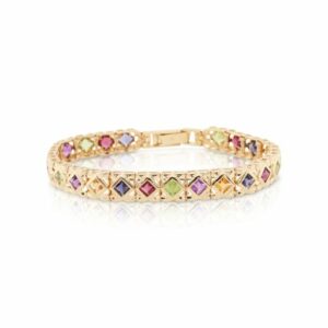 This multicolored bracelet is crafted from 14k yellow gold and features a variety of semi precious gemstones.