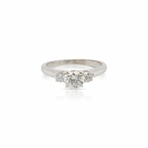 This diamond engagement ring is crafted from 14k white gold and features a 0.53 carat center diamond and 0.22 total carats of side diamonds.