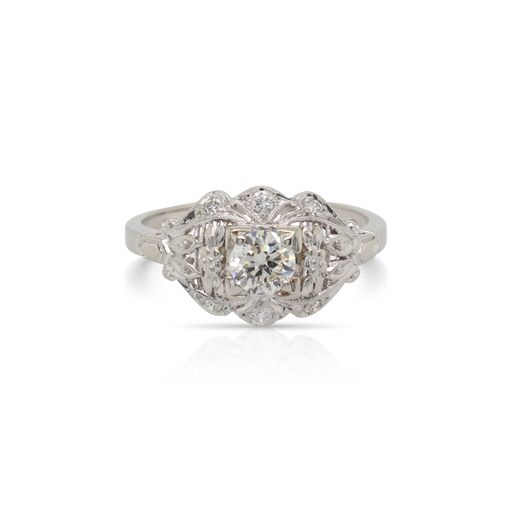 This ring is crafted from 14k white gold and features 0.62 total carats of diamonds.