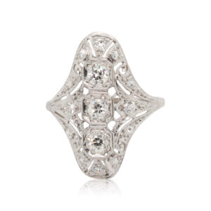 This ring is crafted from platinum and features 0.70 total carats of diamonds