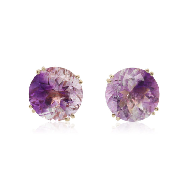 This pair of earrings is crafted from 10k yellow gold and features round rutilated amethyst and quartz gemstones.