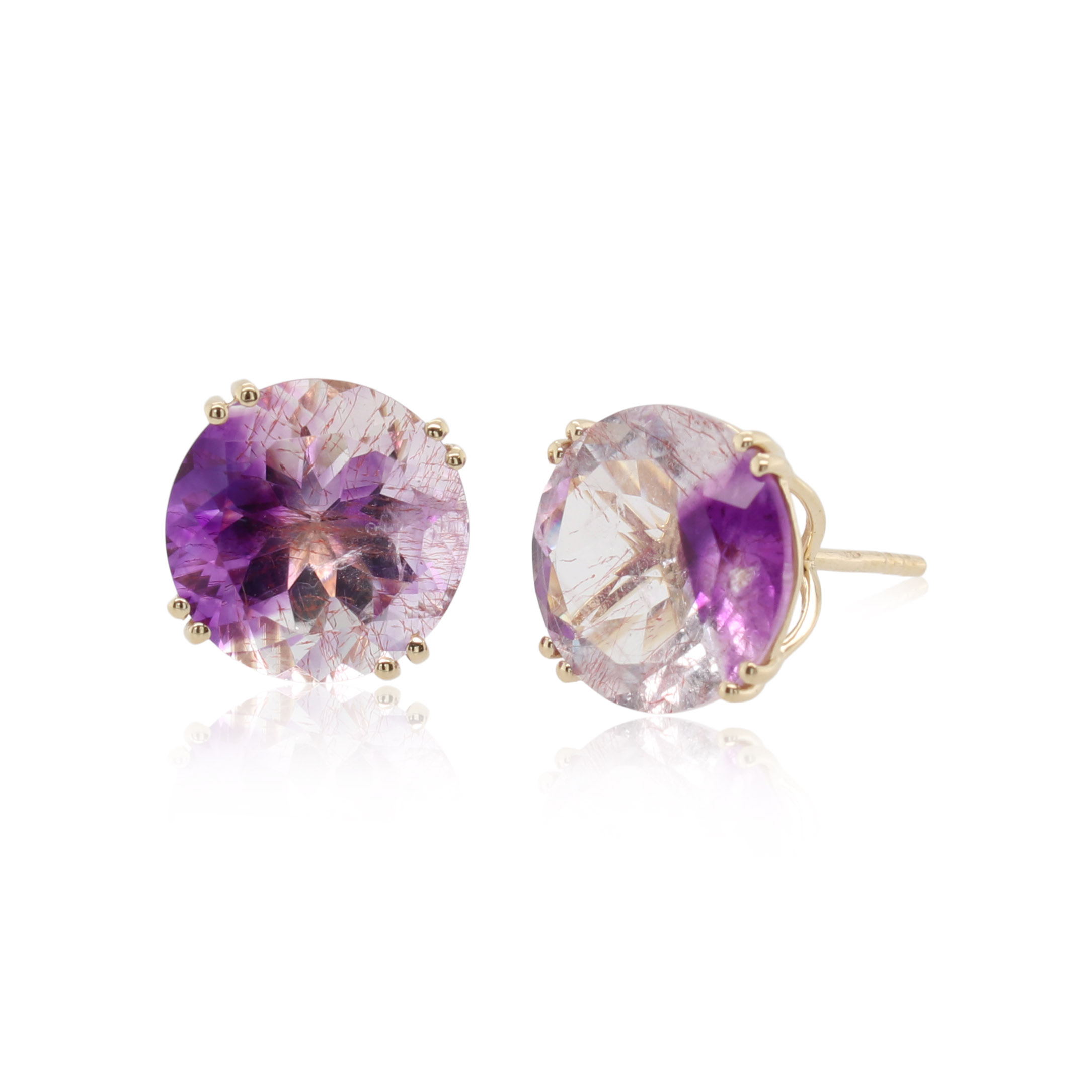 This pair of earrings is crafted from 10k yellow gold and features round rutilated amethyst and quartz gemstones.