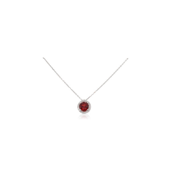 This necklace from In Style by Rafael is crafted from 14k white gold and features a 1.00ct round garnet and 0.05 total carats of diamonds around the halo.