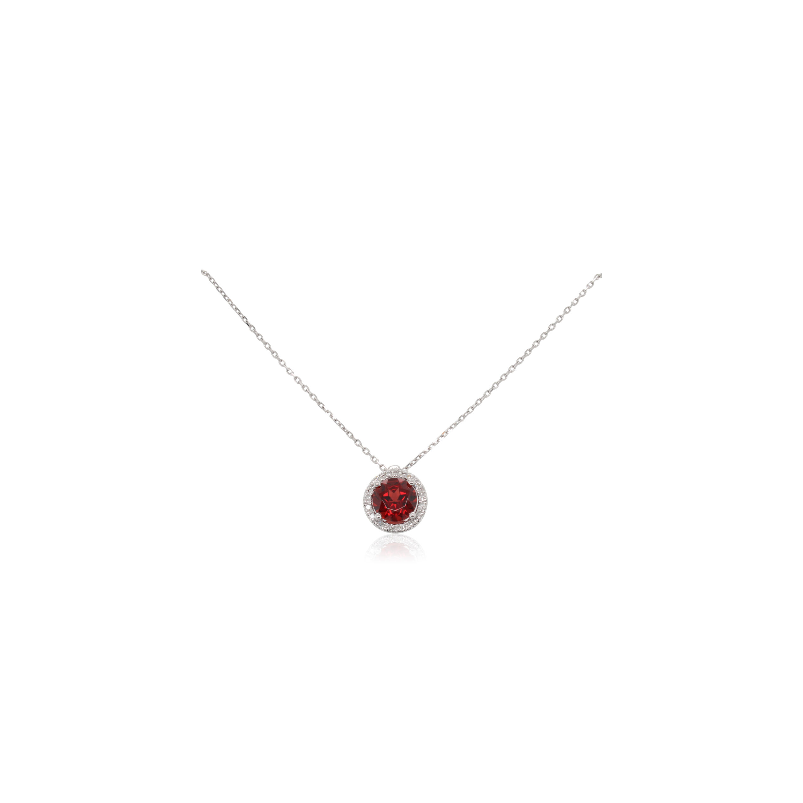 This necklace from In Style by Rafael is crafted from 14k white gold and features a 1.00ct round garnet and 0.05 total carats of diamonds around the halo.