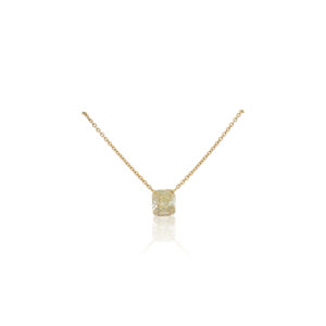 This necklace is crafted from 18k yellow gold and features a 2.56 carat cushion shaped fancy yellow diamond.