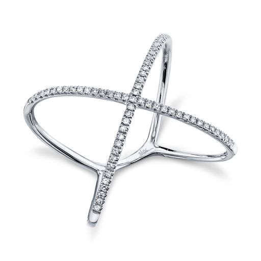 This X ring is crafted from 14k white gold and features 0.18 total carats of diamonds.