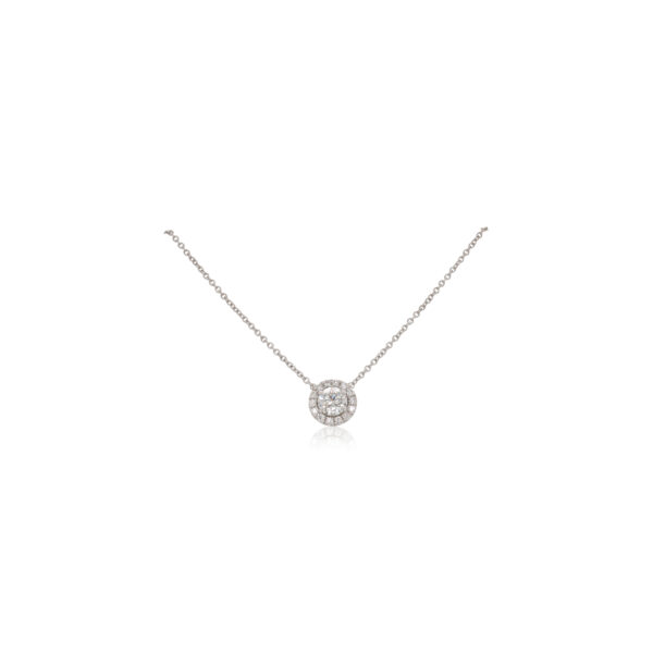 This necklace by Forevermark is crafted from 18k white gold and features a 0.50 carat center diamond and 0.11 total carats of diamonds around the halo.
