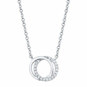 This necklace is crafted from 14k white gold and features 0.07 total carats of diamonds.