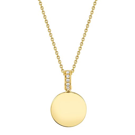 This necklace is crafted from 14k yellow gold and features 0.02 total carats of diamonds.