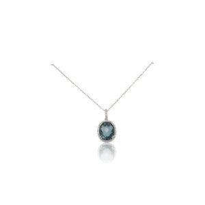 This necklace from In Style by Rafael is crafted from 14k white gold and features a 3.30 carat oval London blue topaz and 0.12 total carats of diamonds around the halo.