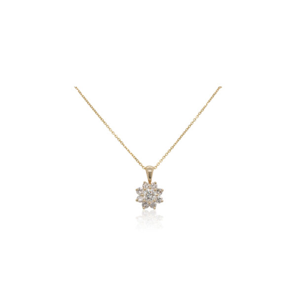 This necklace is crafted from 14k yellow gold and features 1.00 total carats of diamonds.