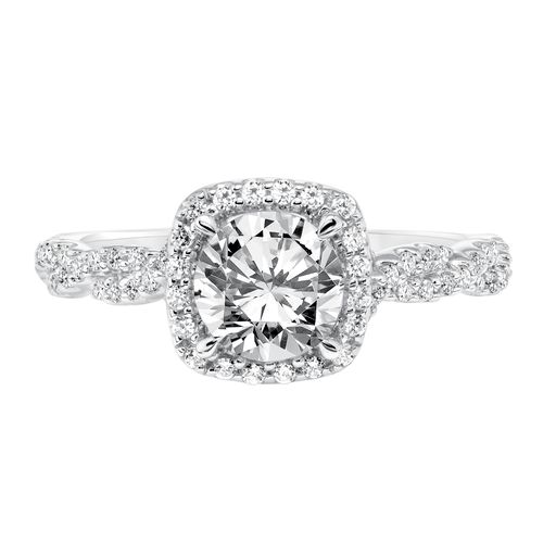 This engagement ring mounting by Goldman is crafted from 14k white gold and features 0.40 total carats of diamonds along the twist sides and around the halo. The center diamond is chosen separately.