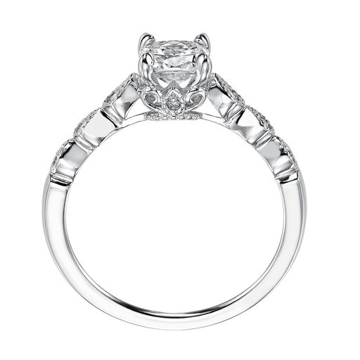 This engagement ring mounting by Goldman is crafted from 14k white gold and features 0.10 total carats of diamonds along the sides and gallery. The center diamond is chosen separately.