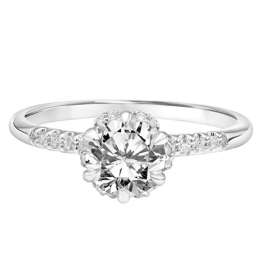 This engagement ring mounting by Goldman is crafted from 14k white gold and features 0.14 total carats of diamonds along the sides and halo. The center diamond is chosen separately.