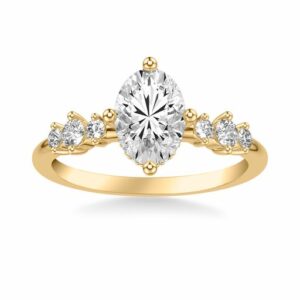 This engagement ring mounting by Goldman is crafted from 14k yellow gold and features 0.28 total carats of diamonds along the sides. The center diamond in chosen separately.