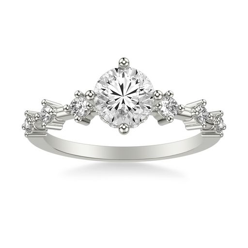 This engagement ring mounting by Goldman is crafted from 14k white gold and features 0.24 total carats of diamonds along the sides and in the hidden halo. The center diamond is chosen separately.