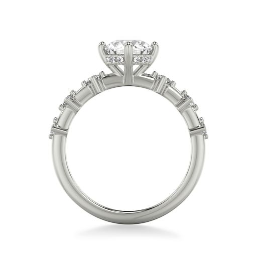 This engagement ring mounting by Goldman is crafted from 14k white gold and features 0.24 total carats of diamonds along the sides and in the hidden halo. The center diamond is chosen separately.